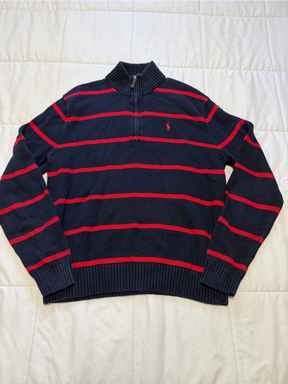 Ralph Lauren Navy Zip-Up Sweater with Red Stripes